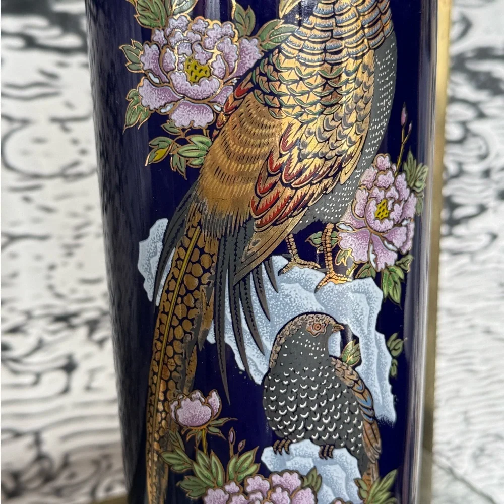 Mutant Elegant Blue Porcelain Vase with Bird and Floral Design